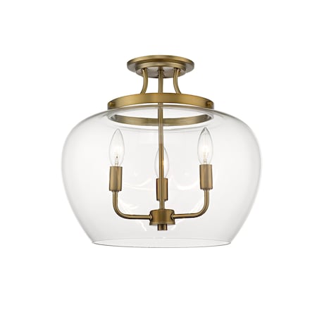 Joliet 3 Light Semi Flush Mount, Olde Brass & Clear